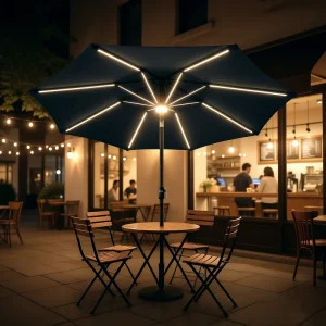 CHINEE Warm White Solar Lighted Waterproof Umbrella 2.7m Olefin Round Patio Market Parasol LED Ribs Crank Tilt Outdoor Furniture Dining
