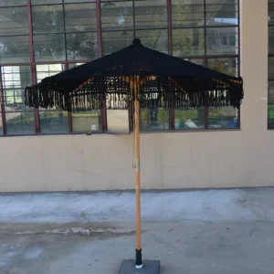 1.1m Black Glamping Parasol with Wooden Pole, Tassel, Woven Rope Structure, Anti-UV
