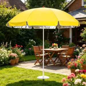 1.8 m Manual Beach Sun Shade Umbrella with Aluminum Pole, Silver Glue UV Protection, and Yellow Stripes