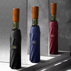 10-Bone Automatic Umbrella with Solid Wood Handle Engraved Black Rubber Men’s Dual-Use Rain and Sun