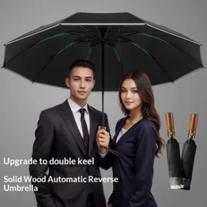 10-Bone Fully Automatic Solid Wood Three-Fold Creative Trend Umbrella Printable Logo for Business Luxury Men’s Advertising Gift