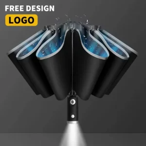 10-Bone Three-Fold Automatic Reverse Umbrella with LED Flashlight, 97 cm Open