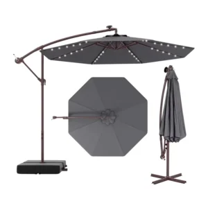 10 Ft Big Size Patio Porch Backyard Garden Parasols Banana Umbrella Hanging Cantilever Umbrella with Led Lights for Outdoor Pool