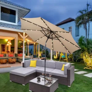 10 Ft Modern Beige Solar Powered LED Centre Pole Umbrella Outdoor Parasol for Restaurant Sun Patio Garden