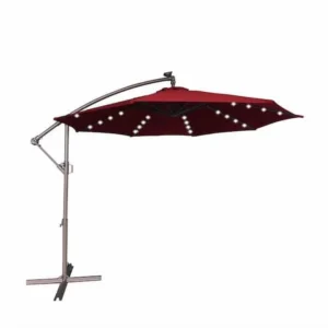 10 Ft Steel Pole Solar LED Offset Hanging Patio Umbrella with 2-Way Stop Slip Crank in Burgundy