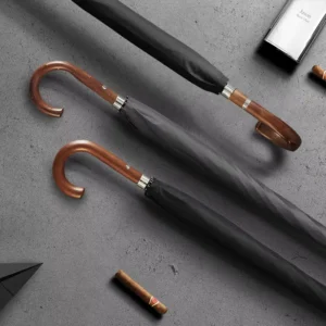 10-Rib Automatic Open Stick Umbrella for Men Waterproof Wooden J-Shape Handle Straight Fiberglass