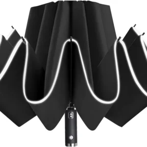 10-Rib Automatic Reverse Big Umbrella with LED Lights and Reflective Strips for Night Sun and Rain Protection