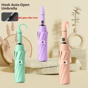 10-Rib Fully Automatic One-Button Open/Close Hook Umbrella 190T Nylon 105cm Black Coating UV Protection