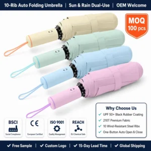 10 Ribs Fully Automatic Three fold Business Umbrella Compact Sun Rain Umbrella for Girls UV protective Custom logo