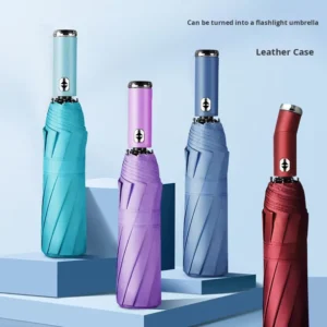 10 Ribs Windproof Automatic Reverse Umbrella Folding 23” Custom Logo with LED for Reflective UV Protection with Leather