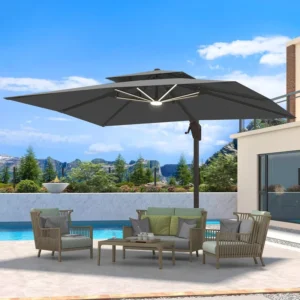 10 X 13 FT Cantilever Patio Umbrella with LED Lights Outdoor Heavy Duty Double Top Windproof Rectangle Offset Umbrellas