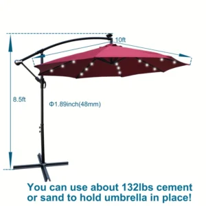 10 ft Steel Modern Design Outdoor Patio Umbrella Solar Powered LED Lighted Waterproof 8 Ribs Crank Cross Base Eco-Friendly