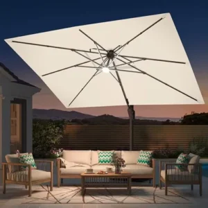 10 x 10 FT Square Aluminum Sun Umbrella with LED Lights, Waterproof Fabric, and Plastic Base for Outdoor Patio, Hotel, and Dining