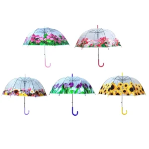 1024 Custom Print Auto Open Black Metal Frame Clear Bubble Umbrella with Transparent Dome and Plastic Handle