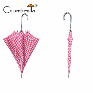 1072 Red White Check Fabric Straight Classic Semi Automatic Umbrella for Adults