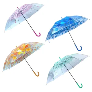 1077 Eco Friendly Semi Automatic POE Umbrella Custom Flower Design Promotional Item 8K Clear Transparent Straight Umbrella