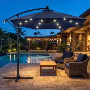10FT Solar LED Offset Hanging Market Patio Parasol Umbrella for Backyard Waterproof Cantilever