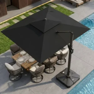 10FT Square Patio Pool Parasol with Aluminum Pole, Offset Cantilever Design, and LED Light