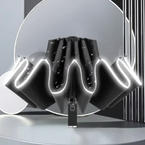 10K Inverted Folding Umbrella with Reflective Stripe, Automatic Opening, Luminous Feature, Black Coating, Pongee, for Adults