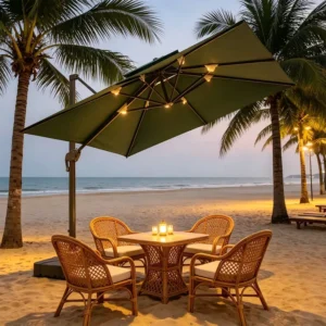 10ft Offset Outdoor Umbrella Heavy Duty Hanging Sun Shade Dark Green Large Cantilever Patio Umbrella with LED Lights for Beach