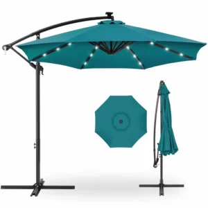 10ft Solar LED Aluminum Offset Hanging Outdoor Courtyard Waterproof Market Patio Parasol Umbrella Backyard Adjustable Tilt