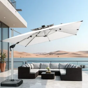 10ft Solar LED Cantilever Umbrella Waterproof 360° Tilt Outdoor Sun Shade for Patio Pool