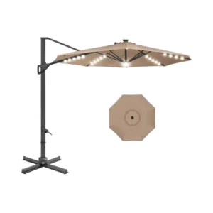 10ft Solar LED Polyester Waterproof Aluminum Cantilever Patio Umbrella 360-Degree Rotation Easy Tilt Cross