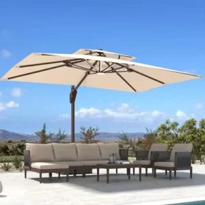 10×13 FT Modern Hotel Garden Parasol Umbrella with Double Top Waterproof Anti-UV and LED Lights