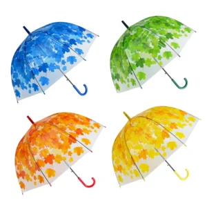 1133 Factory Supply Auto Open Transparent POE Dome Umbrella with Maple Leaf Printing and Birdcage Shape