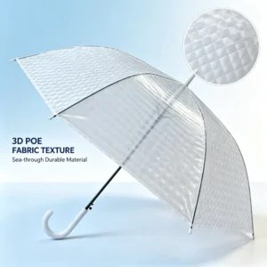 1137 3D POE Fabric Clear Transparent J Hook Curved Handle Straight Rain Umbrella