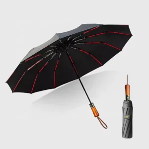 12-Rib Foldable Windproof Automatic Umbrella with Wooden Handle for Men