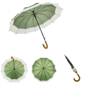 12 Ribs Green & White Patchwork Long Umbrella Manual Open Windproof Umbrella with Wooden Hook Handle