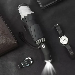 12K Windproof Automatic Reverse Umbrella with LED Flashlight Safety Reflective Strip Tri-Fold Smart Business Gift