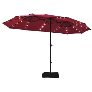 15 Ft. Outdoor 3 Head Combined Double Sided Patio Garden Umbrellas with Solar LED Light Big Size Parasol for Outdoor