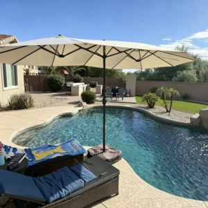 15FT Patio Umbrella with Base Large Outdoor Beige Double Sided Rectangle Umbrella with Crank Handle for Poolside