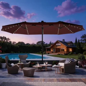 15ft Modern Large Outdoor Double-Sided Rectangle Patio Umbrella with LED Light, Waterproof Iron Base, for Hotel Use