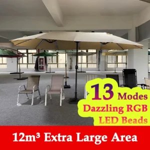 15x9FT Waterproof Foldable Outdoor Double Sided Patio Twin Umbrella with LED Beads and Solar Lights for Gym Use