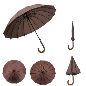 16-Rib Coffee Brown Long Windproof Umbrella, Semi-Automatic, Wooden Hook Handle, Custom Logo
