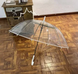 16-Rib Fully Transparent POE Umbrella with Plastic Edge Binding Straight Long Handle Wind-Resistant Automatic Opening