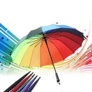 16-Rib Iron Polyester Rainbow Straight-Handle Semi-Automatic Long-Handled Umbrella