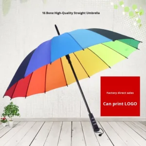 16-Rib Rainbow Straight Umbrella for Men and Women Sturdy Wind-Resistant Long Handle Sun and Rain Umbrella