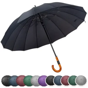 16-Rib Semi-Automatic 27-Inch Fiberglass Golf Umbrella, 280T Pongee Wood Handle, Logo Print