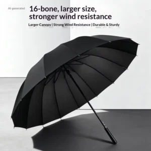 16-Rib Semi-Automatic 27-Inch Folding Straight Umbrella, 190T Fabric, Fiber, Black, Windproof, UV Resistant