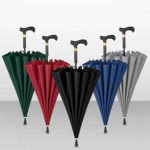 16-Rib Straight Pole Walking Stick Umbrella 23″ Semi-Open Black Curved Handle for Wind Sun Rain