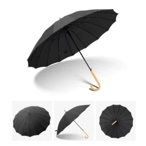 16-Rib Straight Umbrella with Solid Color, Curved Handle, and Custom Logo Printing