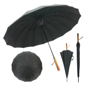 16-Rib Windproof Automatic Open Large Rain Umbrella Metal Cap Wood Handle
