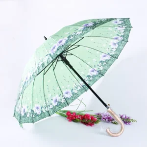 16 Ribs Long Handle Satin Fabric Straight Umbrella