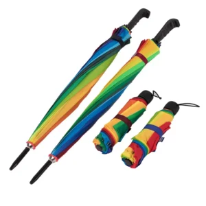 16K Straight Handle Long Shaft Semi-Automatic Rain Umbrella, 16 Ribs, Rainbow