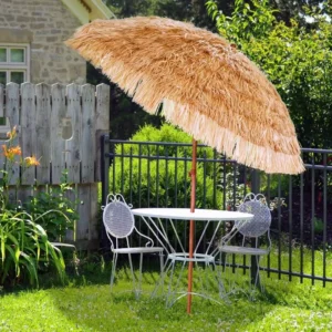 180CM 6FT Round Hawaii Tropical Synthetic Thatch Tiki Tilt Straw Raffia Beach Umbrella with Wood Painted Effect Pole UV 30+