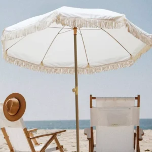 180cm Windproof Beach Umbrella with Iron Pole Tasseled Design All-Weather for Outdoor Furniture, Courtyard, and Fishing